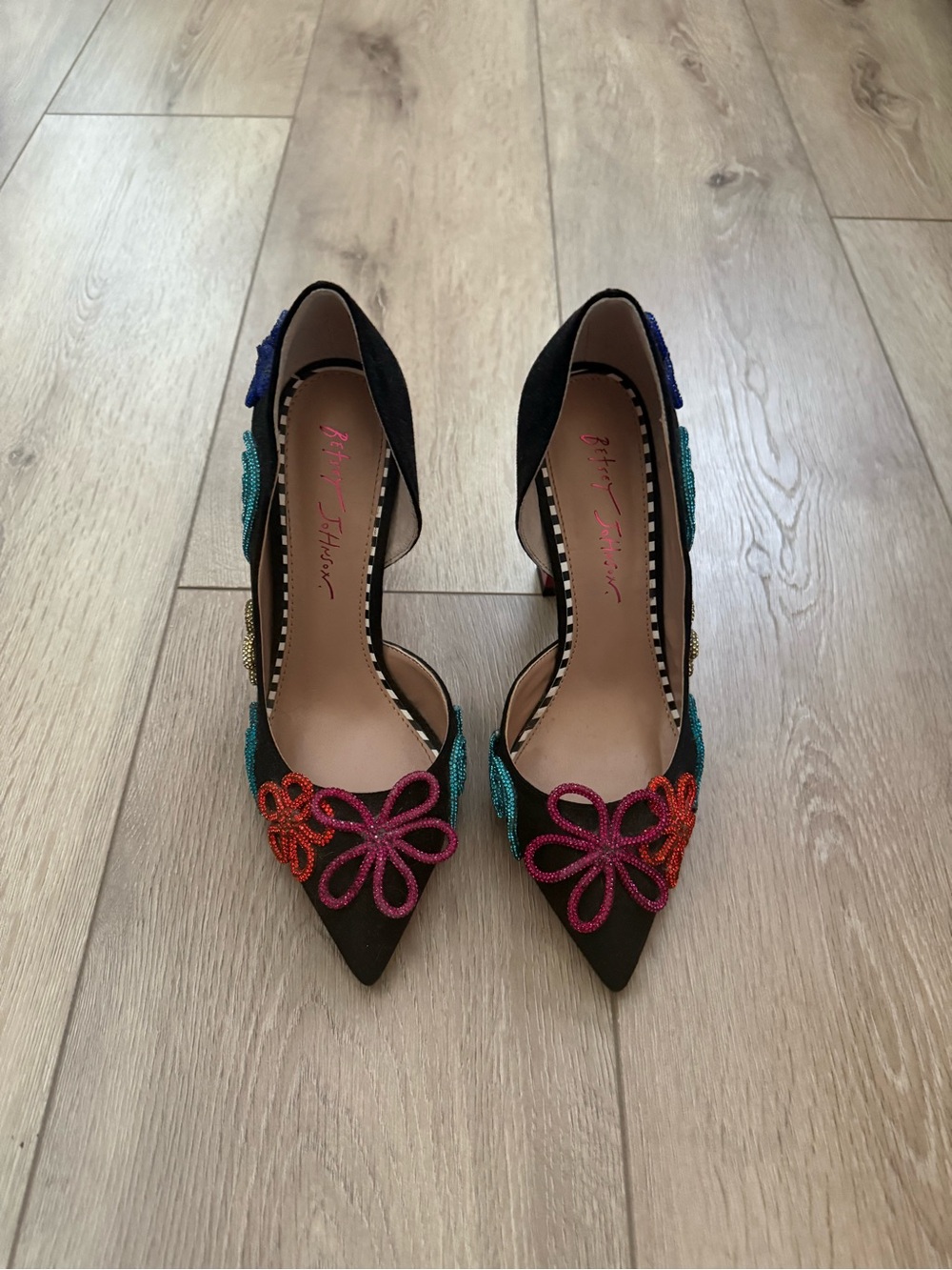 Betsey Johnson Black Pointed Toe Heels with Pink, Red, Teal, Blue Beaded Flowers